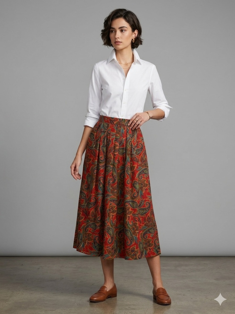 Vintage Orvis Red Paisley Pleated Midi Skirt Size 14 / Fits Size 4-6